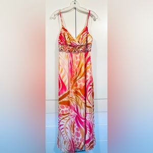 Adrianna Papell long multicolored pink and peach sequin embellishment dress